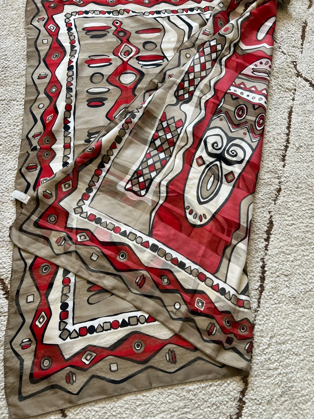 VTG Made in Italy Geometric Tribal Graphic Scarf Abstract Sheer Red Taupe 33